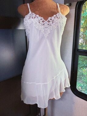 Vintage 80s White Chiffon Peignoir Slip Dress Lace Bridal Lingerie M